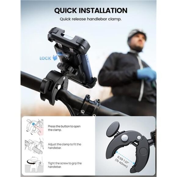 Motorcycle Phone Mount, Bike Phone Holder - Upgrade Quick Install Handlebar Clip - Picture 4 of 7